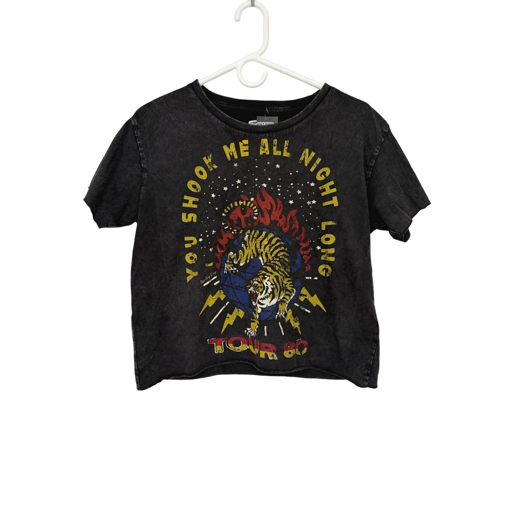 Country Deep Tiger Graphic Cotton Cropped Acid Wash T-Shirt Black Band Tour 80 L